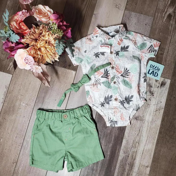 NWT Little Lad Baby Boys Buttondown Shorts Tropical Set with Necktie Size 6-9M - Picture 1 of 12